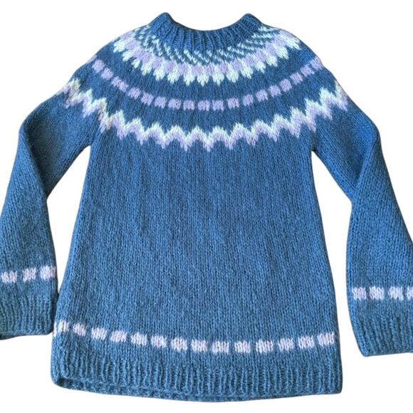 Vintage Handknit Fair Isle Wool Sweater Blue Lavender Cream Nordic Yoke medium - Picture 8 of 11